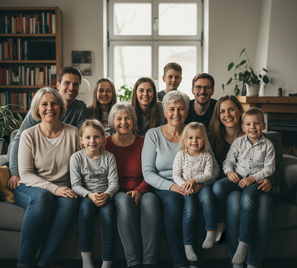 Glückliche Mehrgenerationenfamilie gemeinsam zu Hause mit Betreuungskraft