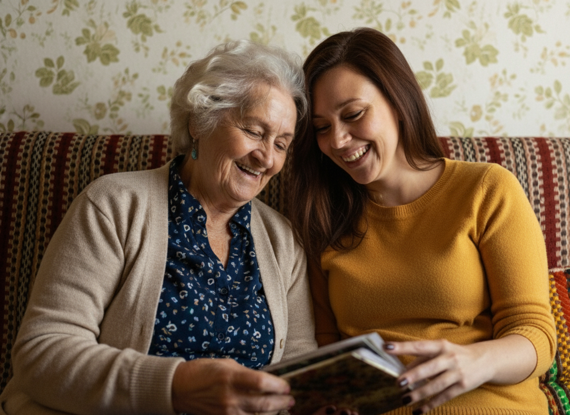Seniorin liest entspannt ein Buch während Betreuungskraft im Hintergrund assistiert