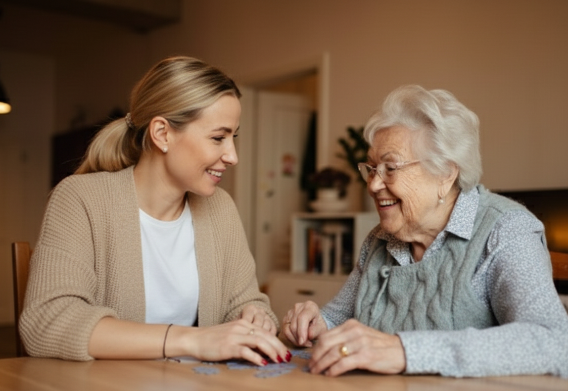 Polnische Betreuungskraft mittleren Alters mit älterer deutscher Person im Alltag